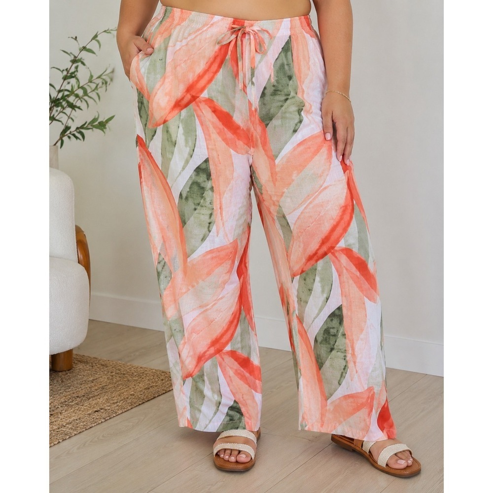 Esmara Plus Size 22 Linen Cotton Wide Leg Floral Pants NWT Drawstring Pockets